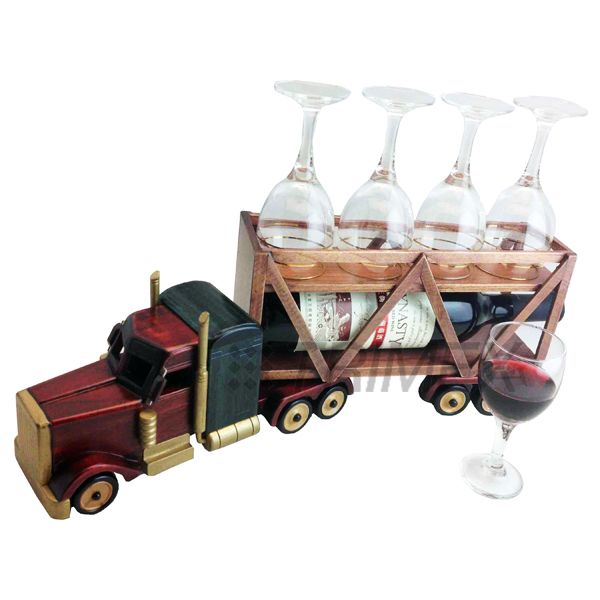 HJ-02A WOODEN VINTAGE LORRY/TRUCK WHINE GLASS AND WINE BOTTLE HOLDER