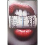 015885 20 X 30 CM VINTAGE SIGN '' RED LIPS DOLLAR  " METAL FRAME