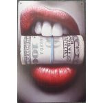 015885 20 X 30 CM VINTAGE SIGN ” RED LIPS DOLLAR  ” METAL FRAME