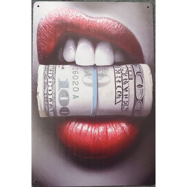 015885 20 X 30 CM VINTAGE SIGN '' RED LIPS DOLLAR  " METAL FRAME