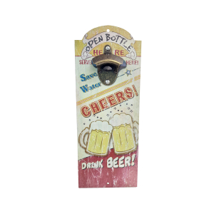 OP365 36CM WOODEN VINTAGE SIGN WITH BOTTLE OPENER - CHEERS DRINK BEER