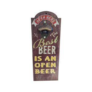 OP375 36CM WOODEN VINTAGE SIGN WITH BOTTLE OPENER - BEST BEER IS AN OPEN BEER