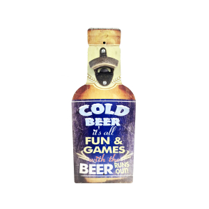 OP464 40CM WOODEN VINTAGE SIGN WITH BOTTLE OPENER -COLD BEER FUN & GAMES