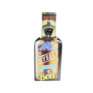 OP465 40CM WOODEN VINTAGE SIGN WITH BOTTLE OPENER -ME MYSELF AND BEER