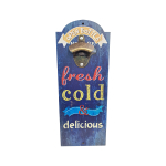 OP377 36CM WOODEN VINTAGE SIGN WITH BOTTLE OPENER - FRESH COLD AND DELICIOUS - Image 1