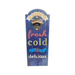 OP377 36CM WOODEN VINTAGE SIGN WITH BOTTLE OPENER - FRESH COLD AND DELICIOUS