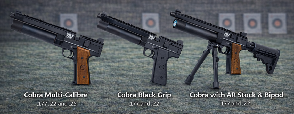 Nova Vista Cobra PCP air pistol range with multi calibre and AR stock versions