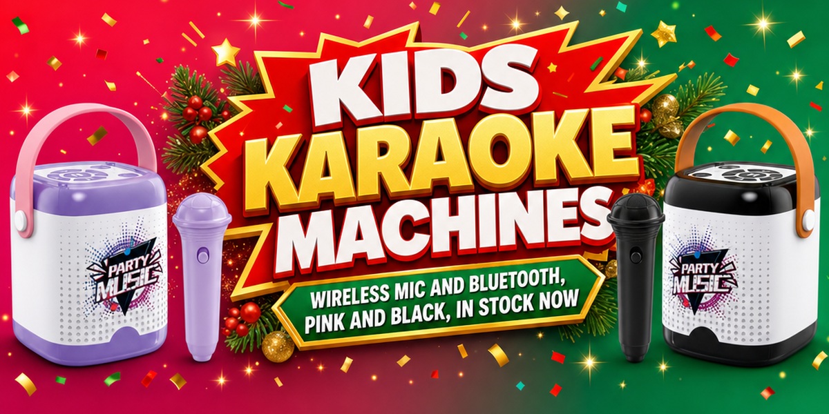 Kids karaoke machines banner with wireless mic and Bluetooth, pink and black, in stock now