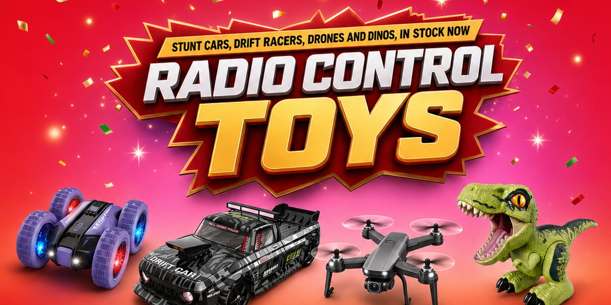 Radio control toys banner with stunt cars, drift racers, drones and dinos in stock now