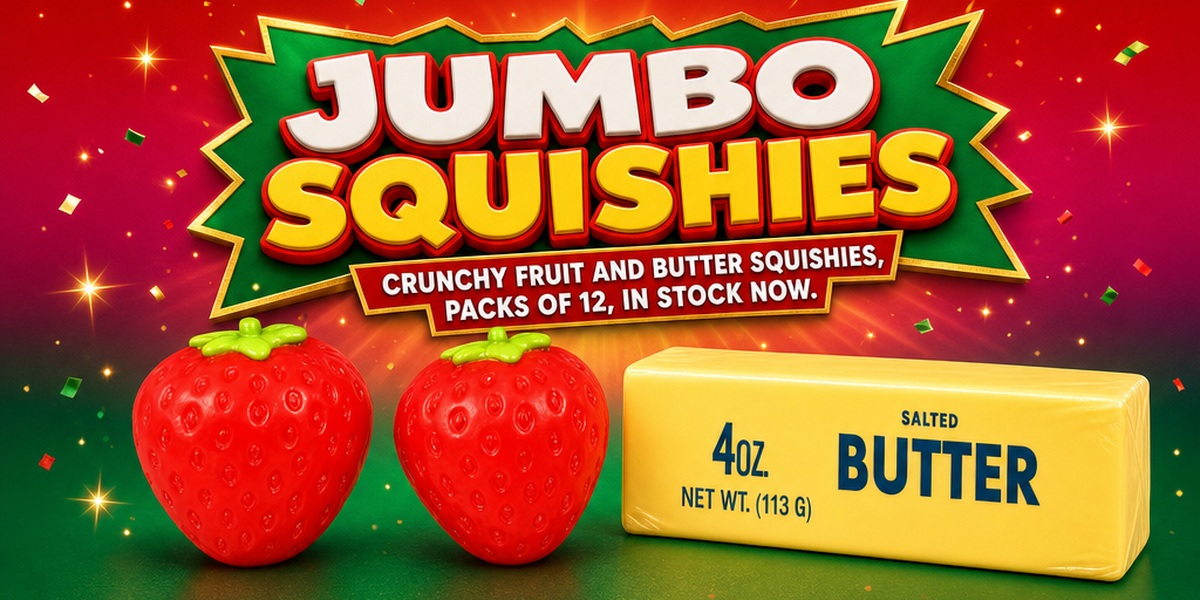 Jumbo squishies banner with crunchy fruit and butter squishies, packs of 12, in stock now